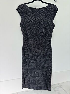 Anne Klein Black Midi Sheath Dress with Silver Geometric Pattern
